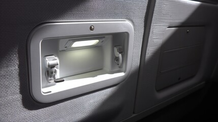 Fototapeta premium Close-up of a robust metal aircraft fuselage access panel latch with illuminated interior compartment