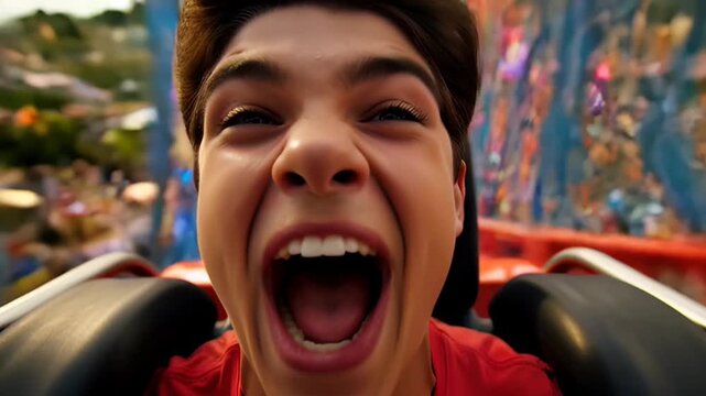 Young Mans Exhilarating Roller Coaster Ride at Amusement Park.