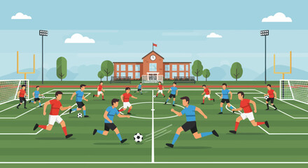 School Soccer Game on Green Field with Stadium Lights and Building © Wahyu