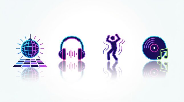 Dynamic dance party elements featuring visual symbols of a disco ball headphones energetic dancing figure and vinyl records expressing rhythmic allure