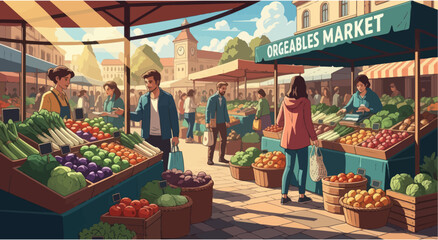 Obraz premium Vibrant Outdoor Farmers Market with Fresh Produce and Shoppers