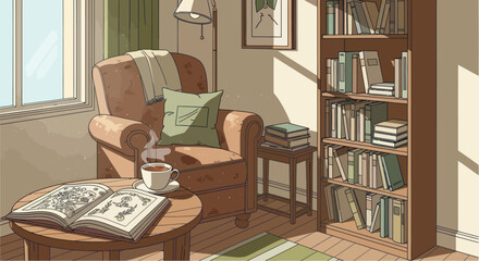 Obraz premium Cozy reading nook with armchair, bookshelf, and steaming cup of tea by sunny window