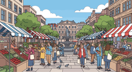 Bustling Outdoor Market Scene with People Shopping at Stalls © Wahyu