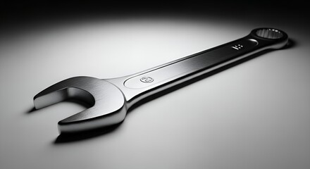 Obraz premium Close-up of a metallic wrench on a smooth gradient background