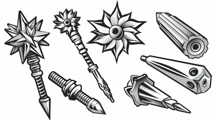 Fototapeta premium Black-and-white illustration of fantasy maces and other blunt weapon designs, various shapes
