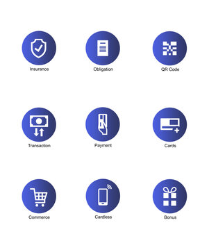 Blue fintech icon set with insurance, obligation, QR code, transaction, payment, cards, commerce, cardless mobile, and bonus symbols, modern financial service vector collection