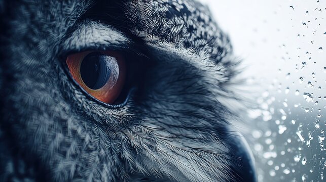 Close up of an owl eye detailed feathers and raindrops wildlife portrait