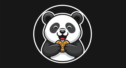 Cartoon panda with waffle on black © Hype