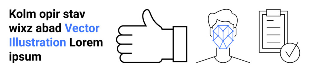 Obraz premium Biometrics, identity verification, task approval, business management, technology, data security. Hand with thumbs up, face scanning icon and checklist. Biometrics and task approval concept