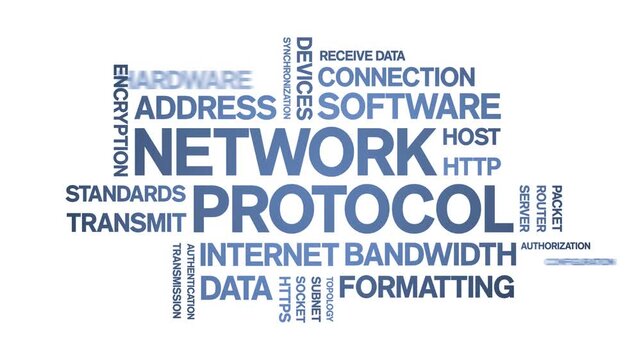 Network Protocol animated word cloud-text design animation tag kinetic typography seamless loop.