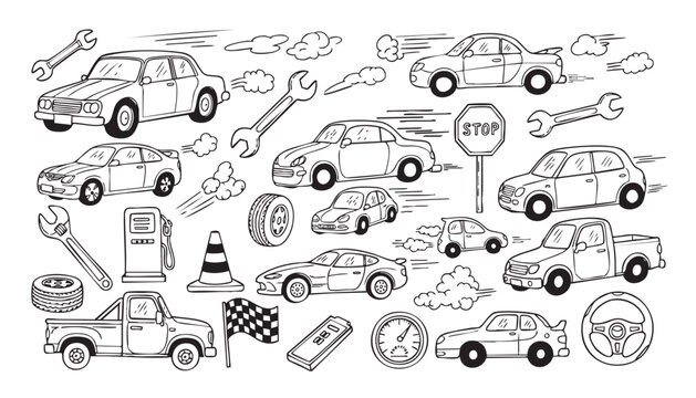 Hand-Drawn Car and Automotive Doodle Set