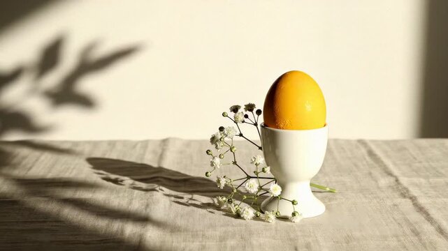 yellow Easter egg in a white ceramic cup on a linen tablecloth. Features a slow-moving branch shadow and high-utility copy space. Clean, professional spring branding aesthetic.