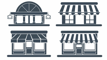 Fototapeta premium Four stylized shops with different architecture and awning details, shown in silhouette