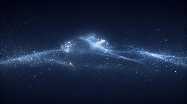 Dark blue expanse with two bright, glowing particle trails and scattered shimmering dust