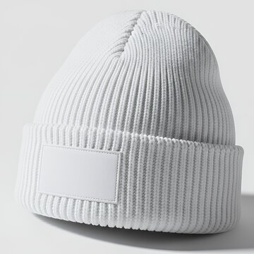 White ribbed knit beanie hat with blank logo patch mockup beanie mockup clothing mockup isolated apparel winter fashion cap casual knit hat accessories wool beanie