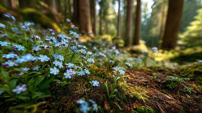 Small Blue Forget-Me-Not Flowers Growing Along Forest Floor in Springtime