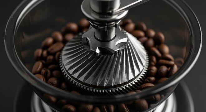 Close-up view of sharp metal burrs grinding roasted coffee beans in a manual grinder