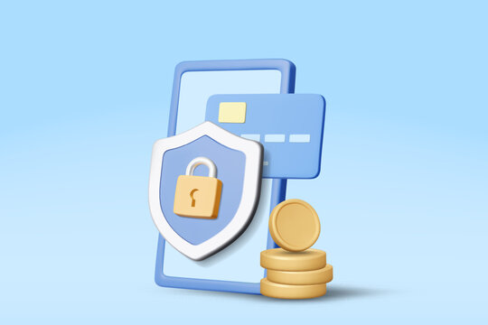 3D vector illustration of mobile phone with shield padlock credit card and gold coins on blue background. Concept for secure online payment mobile banking safety financial protection banner.