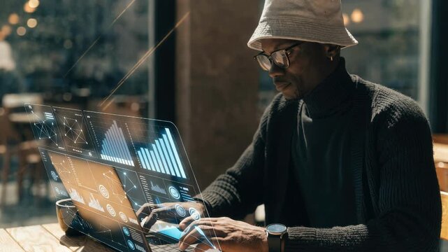 Medium shot of a business client analyzing a nearfuture network performance dashboard displaying realtime signal quality and data usage across multiple retail locations.