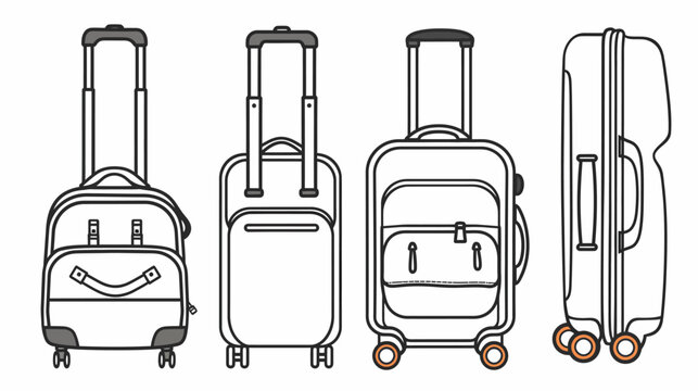Four rolling suitcases with telescopic handles. Line art style. Black outline