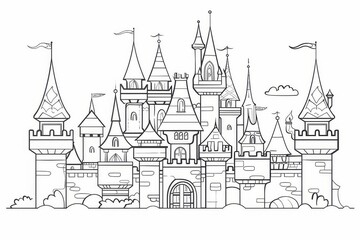 Fototapeta premium Cartoon-style enchanted castle with towers, simple line art, thick lines, and crisp details, perfect for coloring.