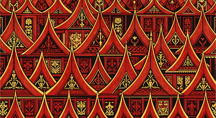 Intricate and vibrant red and gold patterned architectural roofs creating a visually rich and complex design