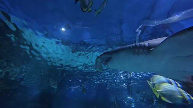 A large sand tiger shark swims through deep blue water with its mouth slightly open, surrounded by schools of tropical fish in an aquarium.