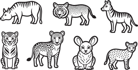 Obraz premium Wild cats including tigers, leopards, and hyenas are illustrated in a group of seven detailed animal figures rendered in a minimalist black and white line art style suitable for children's books.