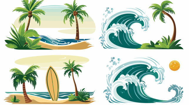 Four beach scene compositions featuring palm trees, waves, sand, and a surfboard