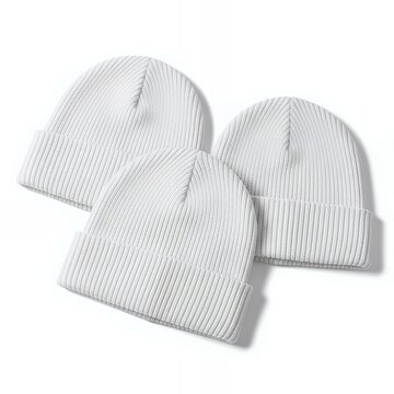 Three white ribbed beanie hats isolated on a pure white background beanie mockup clothing mockup isolated apparel winter fashion cap casual knit hat accessories wool beanie
