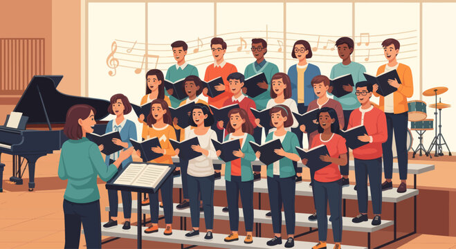 Diverse choir singing together on risers, directed by a woman, with piano and sheet music.