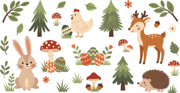 Cute forest animals Easter collection with bunny deer hedgehog chicken mushrooms eggs and woodland plants vector set