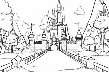 Fototapeta premium Majestic castle with turrets and towers in an enchanted kingdom. Cartoon style with thick lines, no shading, and perfect for kids to color.
