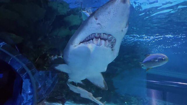 A sand tiger shark swims directly toward the camera with its mouth open and teeth visible in a large blue aquarium tank with coral reefs.