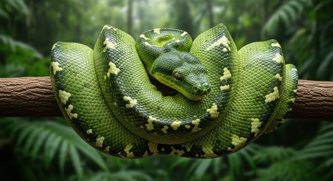 Vivid Emerald Tree Boa Coiled on a Lush Forest Branch