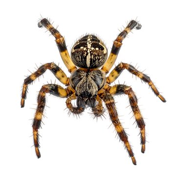 Top-down view of a hairy, striped spider with large eyes, isolated on white