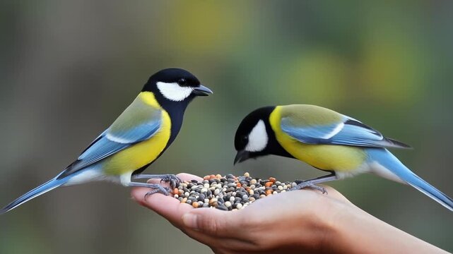 Two Great Tits Feeding on Seeds from a Hand.