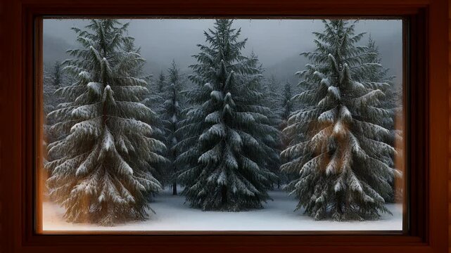 Cozy window frames a winter wonderland of snow-dusted pine trees under a grey sky
