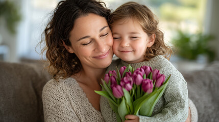 Emotional candid moment with a mother leaning down to kiss her daughterâs cheek while the child hugs a bouquet of pink tulips, cozy sofa and warm interior textures behind them, glo