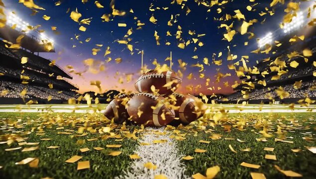 American Footballs on a Field with Confetti and Stadium Lights.