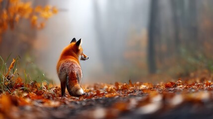 Fototapeta premium Fox in Foggy Autumn Forest Surrounded by Warm Orange Leaves
