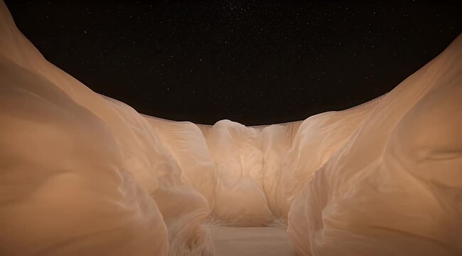 Curved fabric installation, warmly lit, open to a dark celestial sky with shining stars