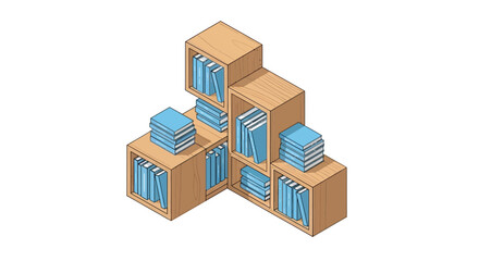 Isometric illustration of wooden bookshelves filled with blue books © Shila Rani Saha
