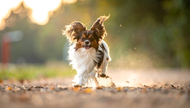 Small, happy dog running towards camera on dirt path, ears flying, blurred background