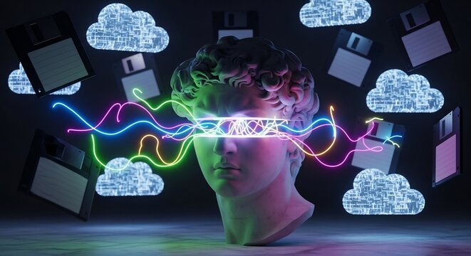 Futuristic Digital Mindscape with Classical Bust and Neon Data Streams.