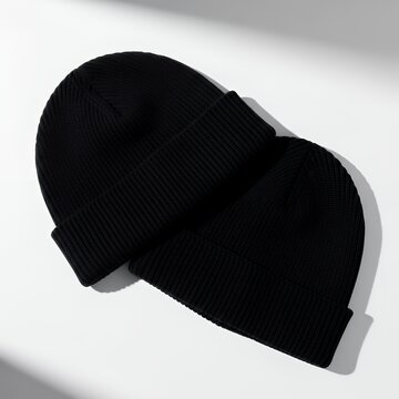 Two black beanie mockup hats displayed against a white background for a minimalistic presentation beanie mockup clothing mockup isolated apparel winter fashion cap casual knit hat accessories wool bea