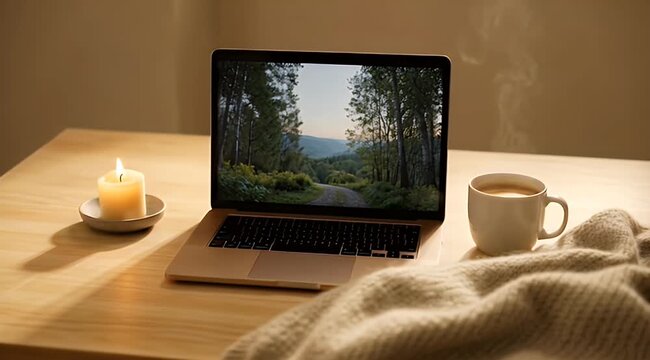Inviting cozy desk setup laptop with forest view, warm candle, hot coffee, and blanket