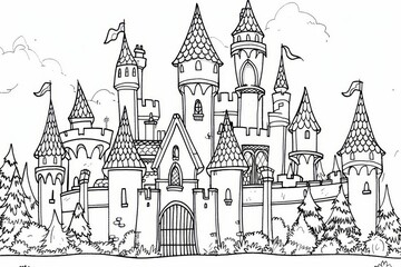 Fototapeta premium Coloring page for kids, majestic castle with turrets and towers in an enchanted forest, cartoon style, thick lines, low details, no shading.