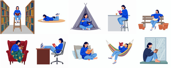 Fototapeta premium Flat Style Various Illustration of Woman Reading in Different Locations
