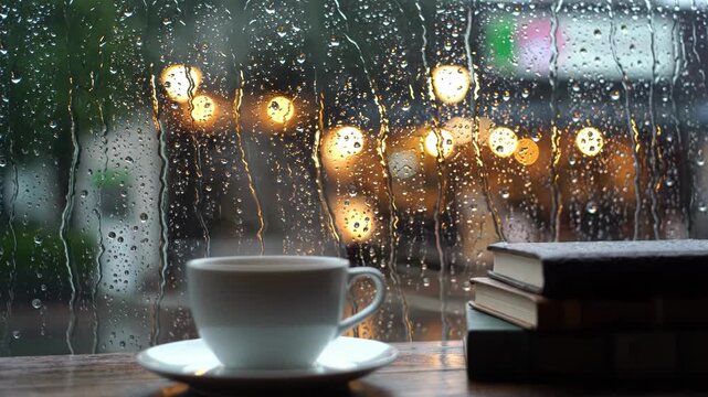Cozy rainy day scene with a cup of coffee and books on a wooden table by the window